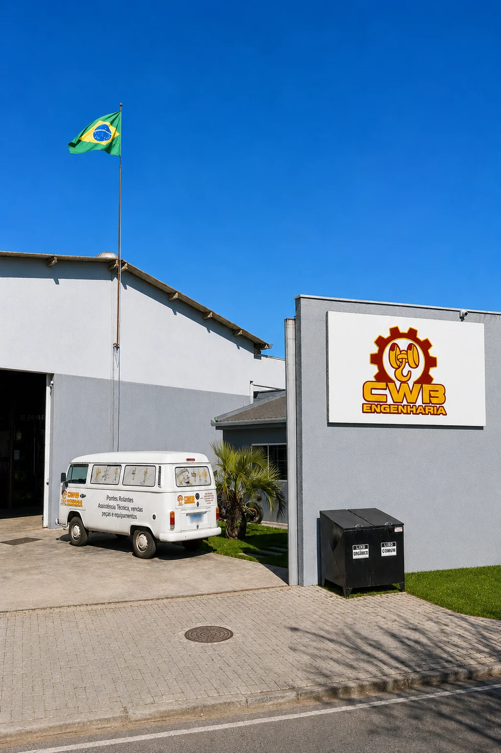 Fachada da CWB Engenharia em Curitiba com placa, veículo e bandeira